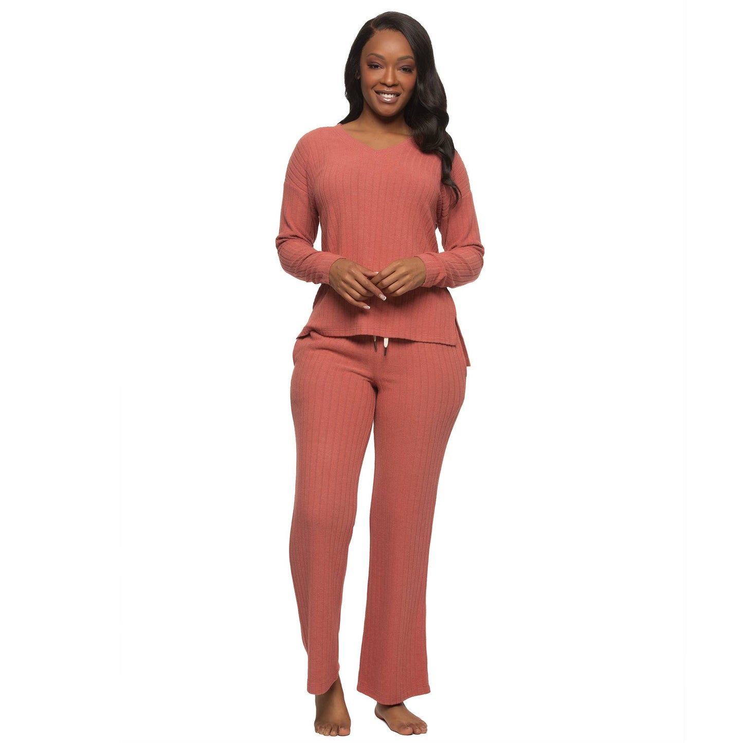 Serena Brushed Rib V-neck Pullover and Pants Set - Marsala