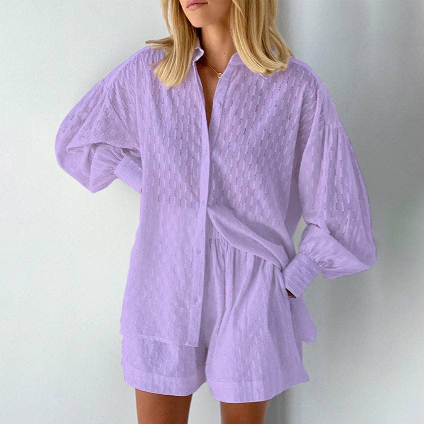 Summer Women's Blouse Bubble Sleeve Shorts Set