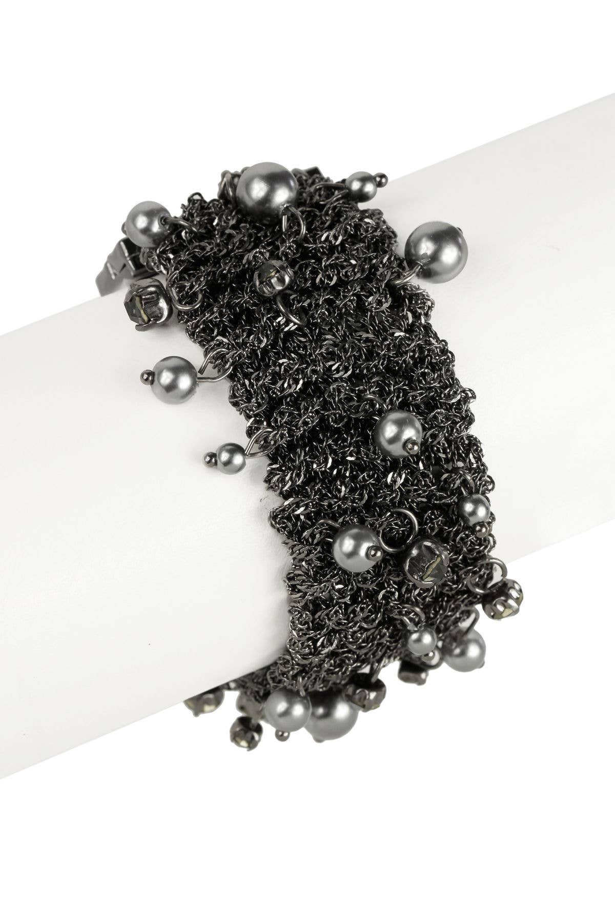 Crochet Chain Bracelet Gunmetal with Pearls and Crystals