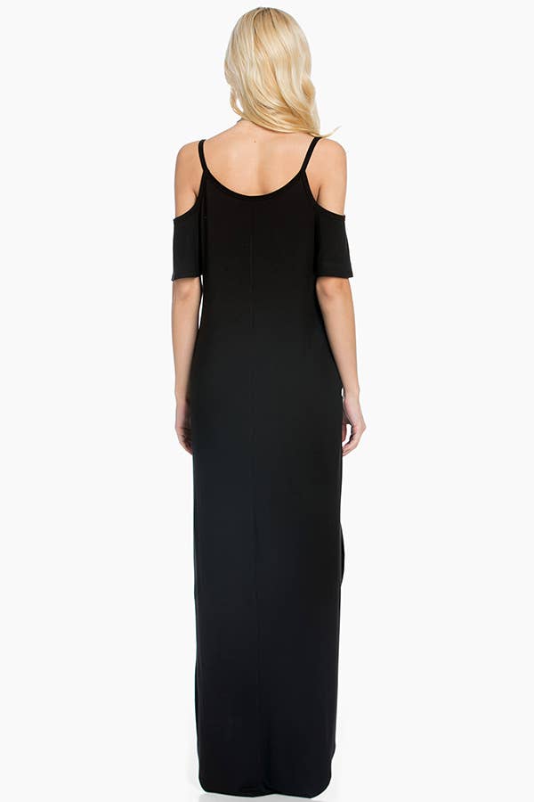 SD5050 Ruffled Cold-shoulder Maxi Dress: Navy / S