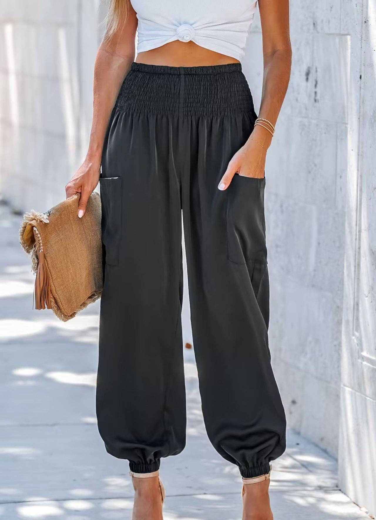 Sweetkama Ladies Solid High Waist Loose Style Pants: Khaki / M