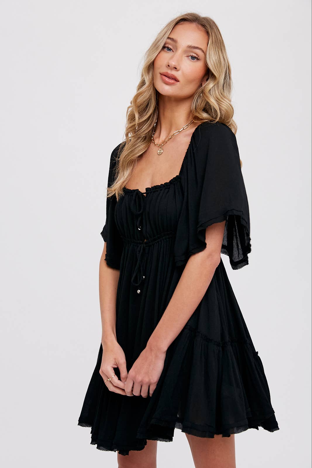 RUFFLE HEM RUCHED MINI DRESS