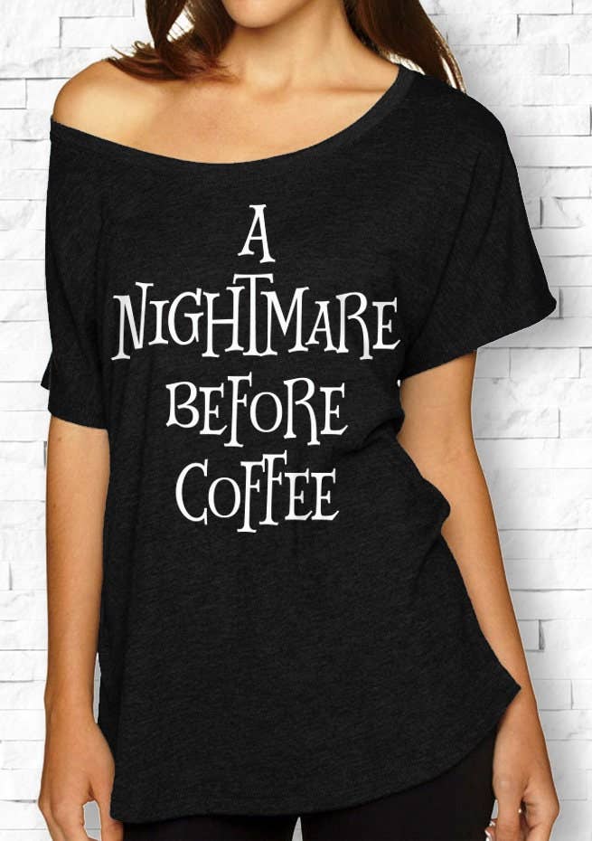 Black Off Shoulder Shirt - 'A Nightmare Before Coffee' Theme: L