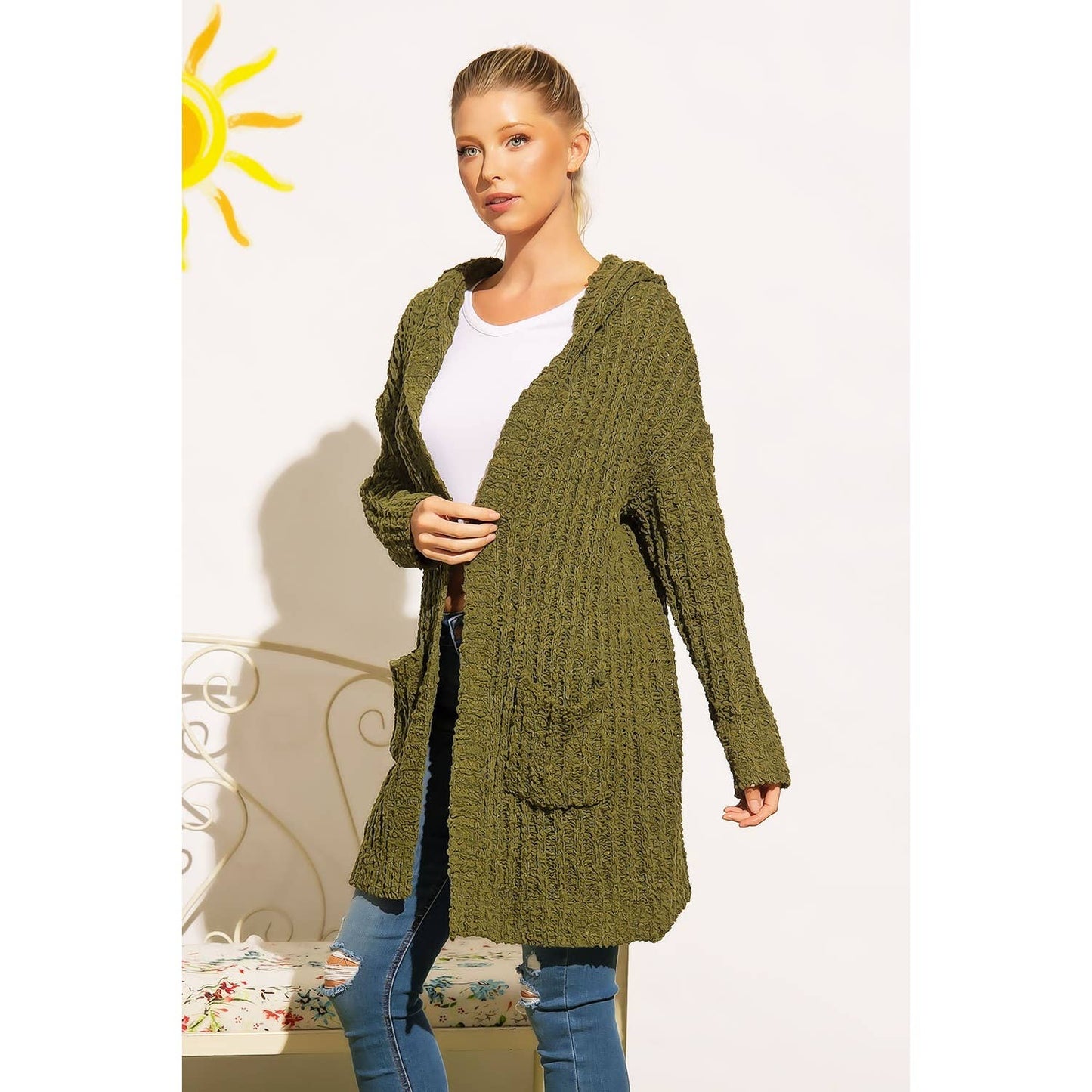 RIBBED POPCORN KNIT LONG OPEN HOODIE CARDIGAN: Adobe / ML