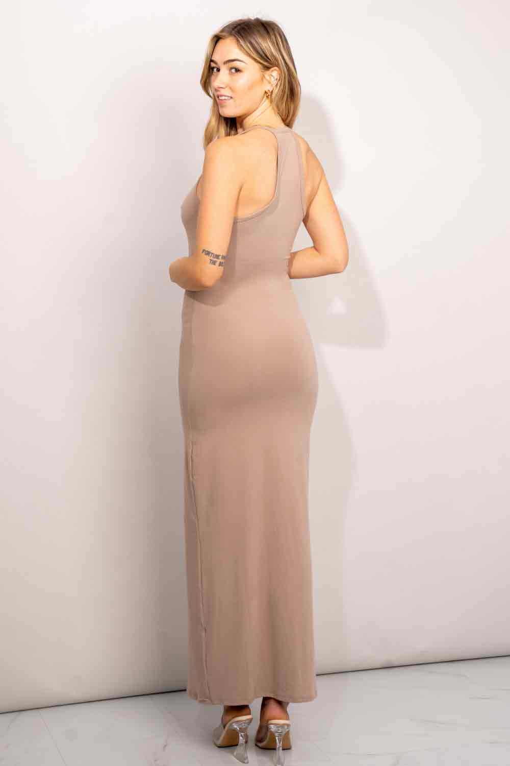 Zenana Racerback V-Neck Maxi Dress: Ash Mocha / S