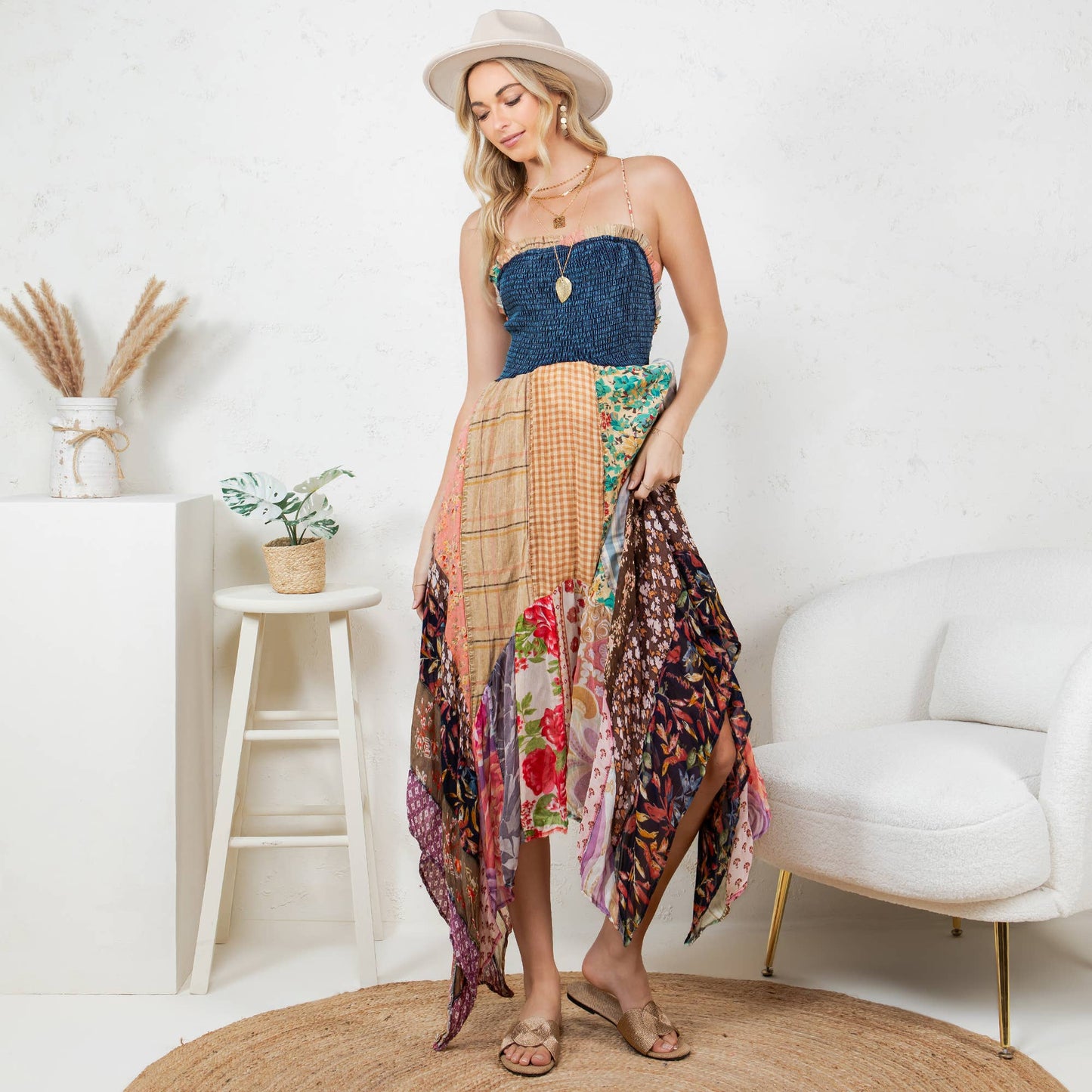 Preorder: Handkerchief Hem Mid-Length Dress with Patches NEW