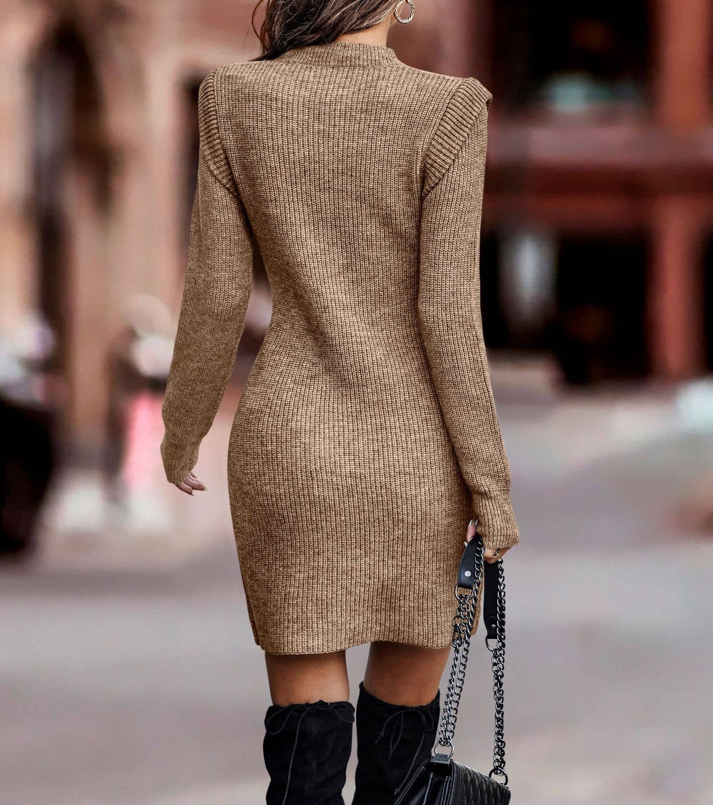 SZ1-DR6071 Ribbed Knit Long Sleeve Sweater Dress