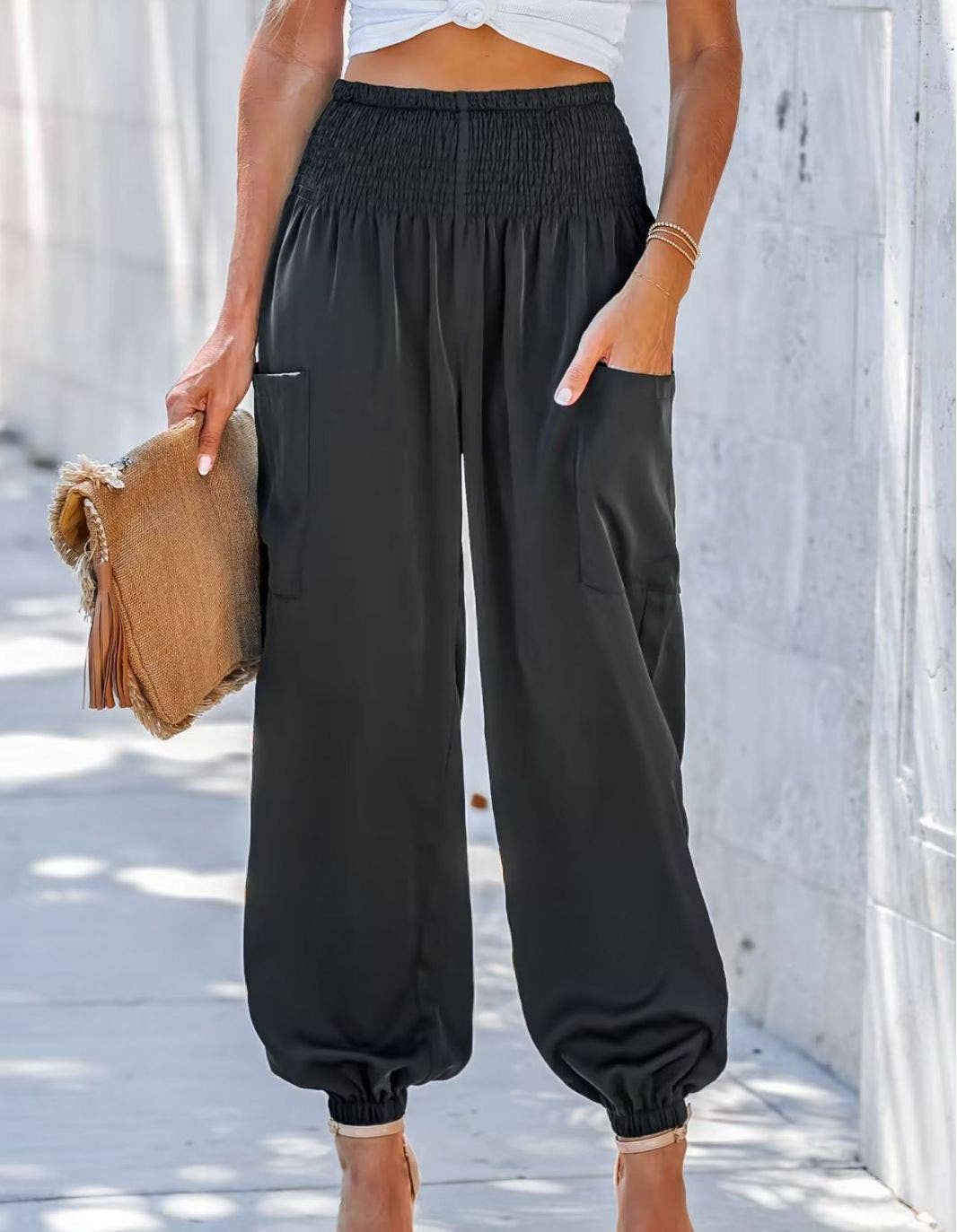 Sweetkama Ladies Solid High Waist Loose Style Pants: Khaki / M