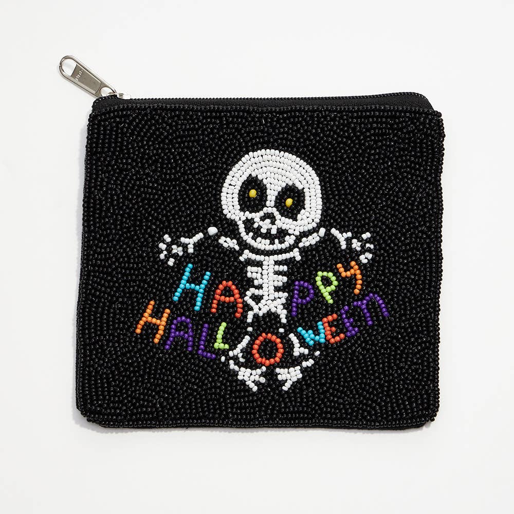 Happy Halloween Message Skull Seed Beaded Halloween Mini Bag
