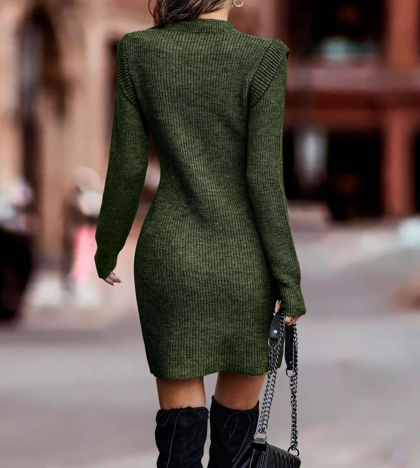 SZ1-DR6071 Ribbed Knit Long Sleeve Sweater Dress