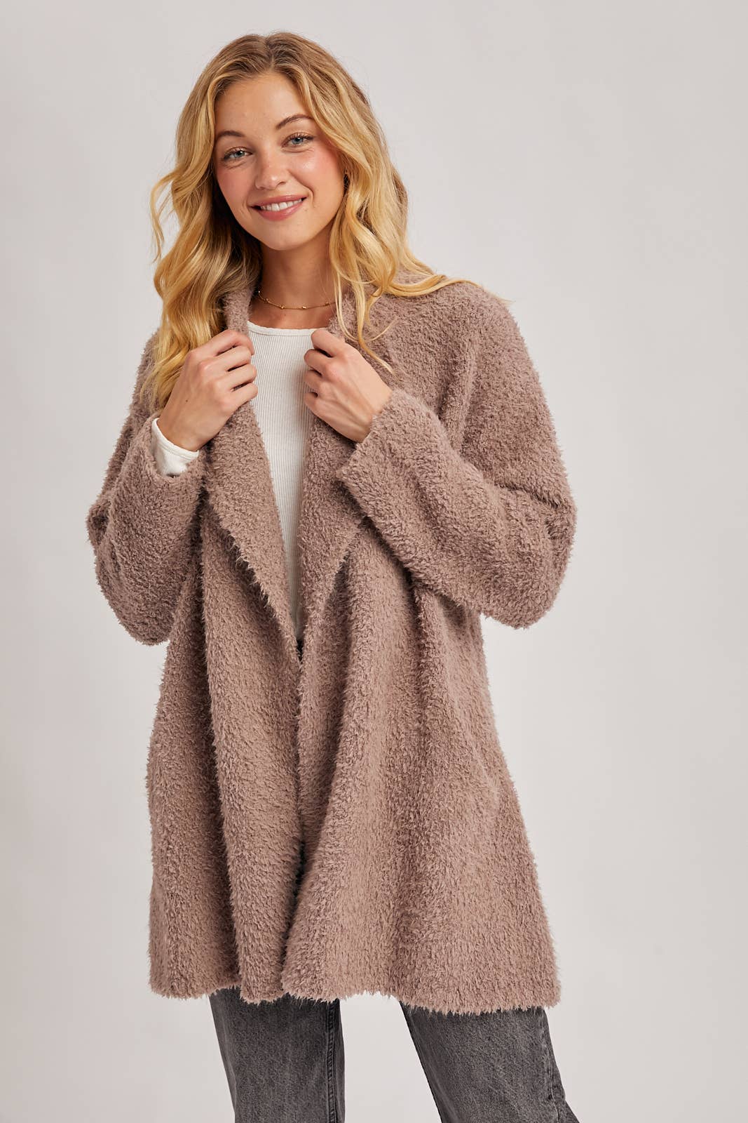 SOFT FUZZY DRAPE FRONT CARDIGAN