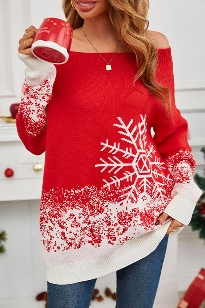 Red Off Shoulder Christmas Pattern Sweater SF102