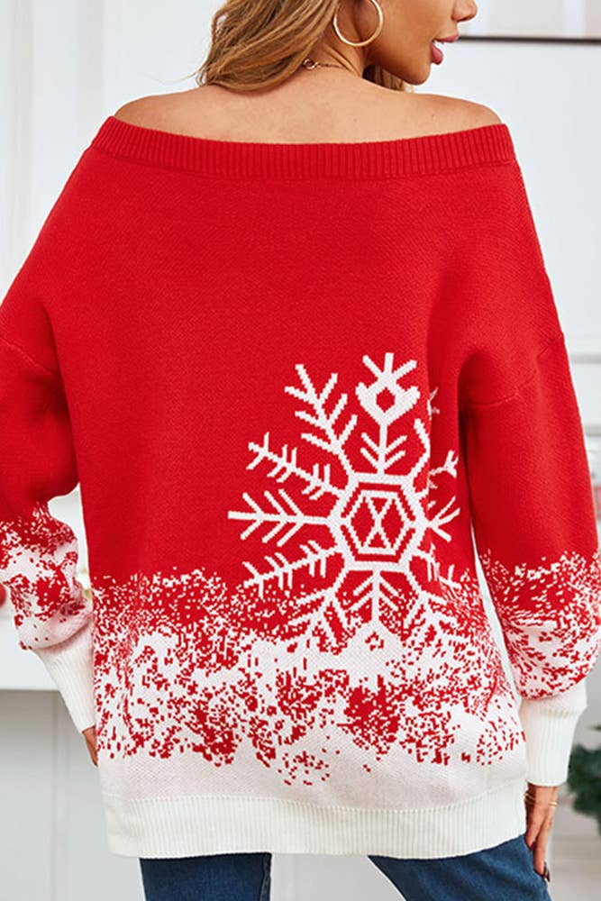 Red Off Shoulder Christmas Pattern Sweater SF102