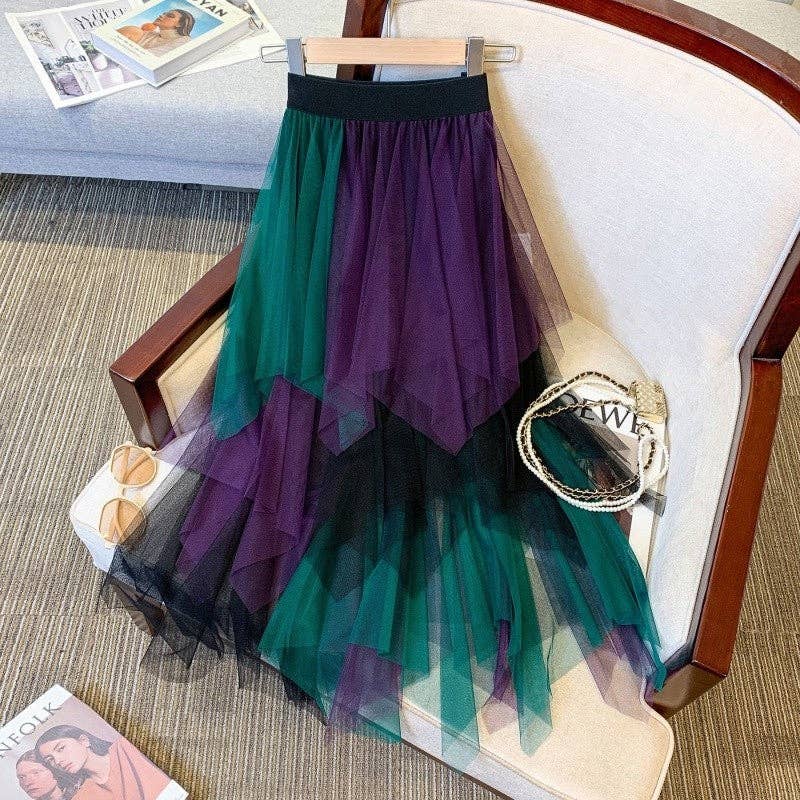 High Waist Loose Mesh Skirt Irregular Color