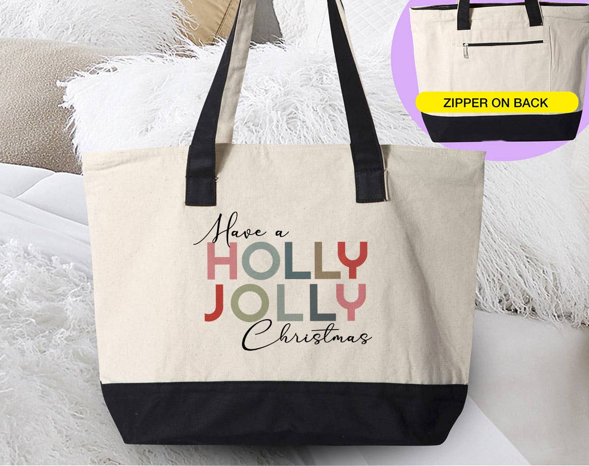Holly Jolly Christmas - Christmas Canvas Zipper Tote