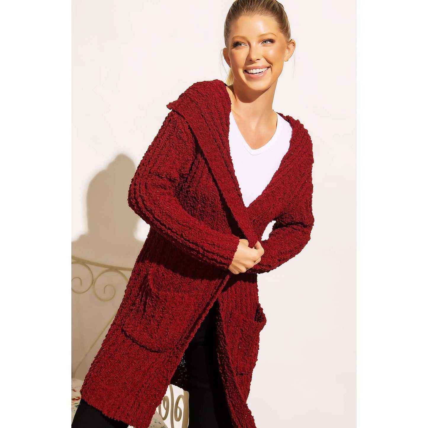 RIBBED POPCORN KNIT LONG OPEN HOODIE CARDIGAN: Adobe / ML