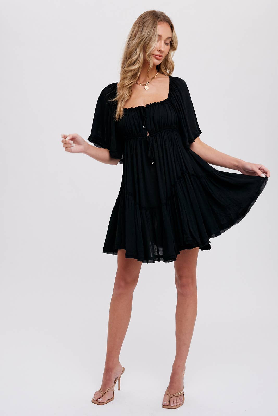 RUFFLE HEM RUCHED MINI DRESS