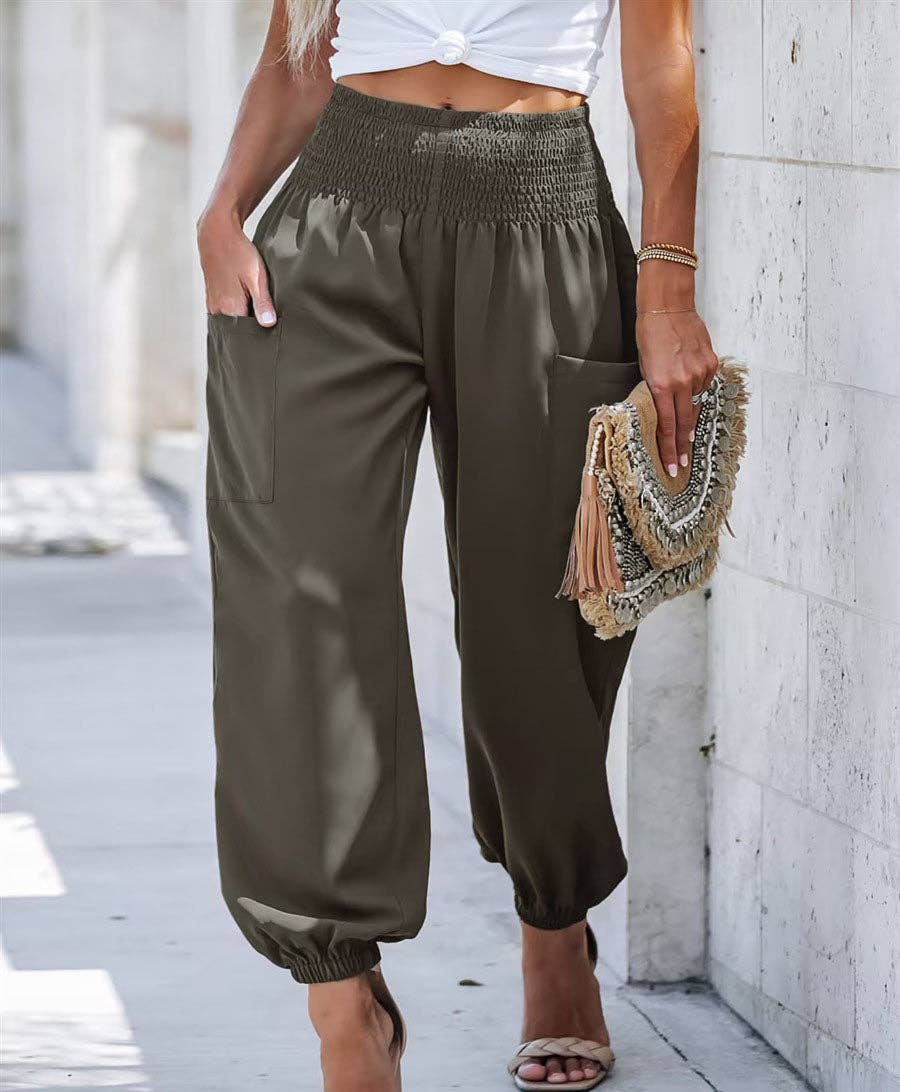 Sweetkama Ladies Solid High Waist Loose Style Pants: Khaki / M