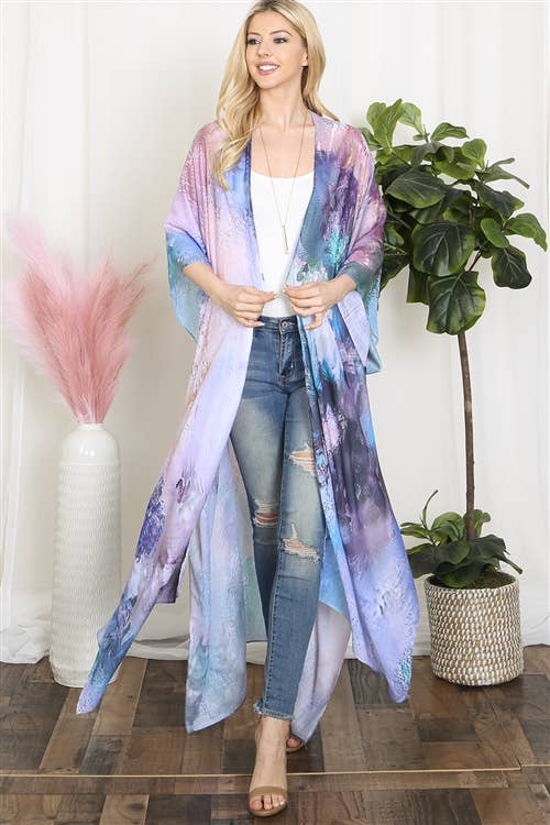 HDF3943 - TIE DYE ABSTRACT PRINT LONG KIMONO: PINK