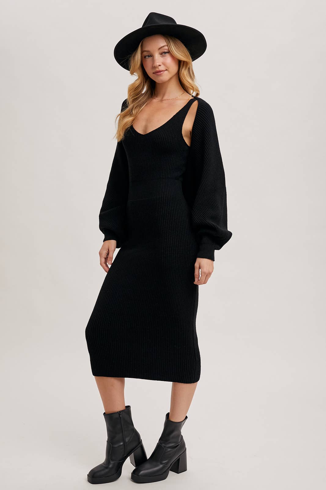 V-NECK KNIT MIDI DRESS AND KNIT SHRUG SET