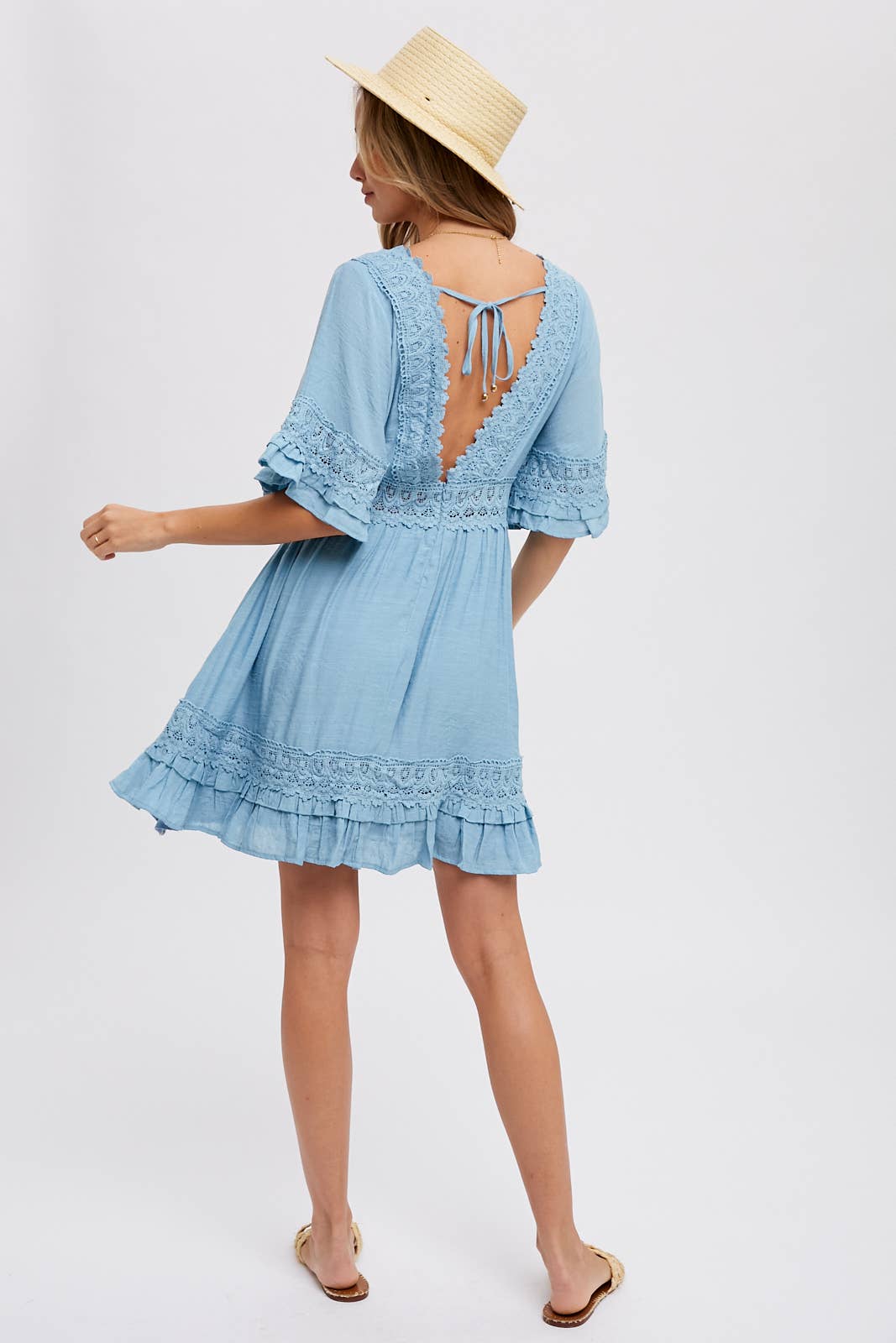 V-NECK LACE DRESS - Open Back with Tie Detail