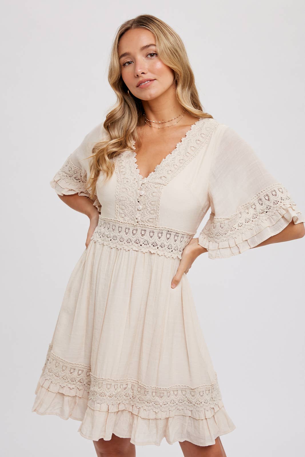 V-NECK LACE DRESS - Open Back with Tie Detail