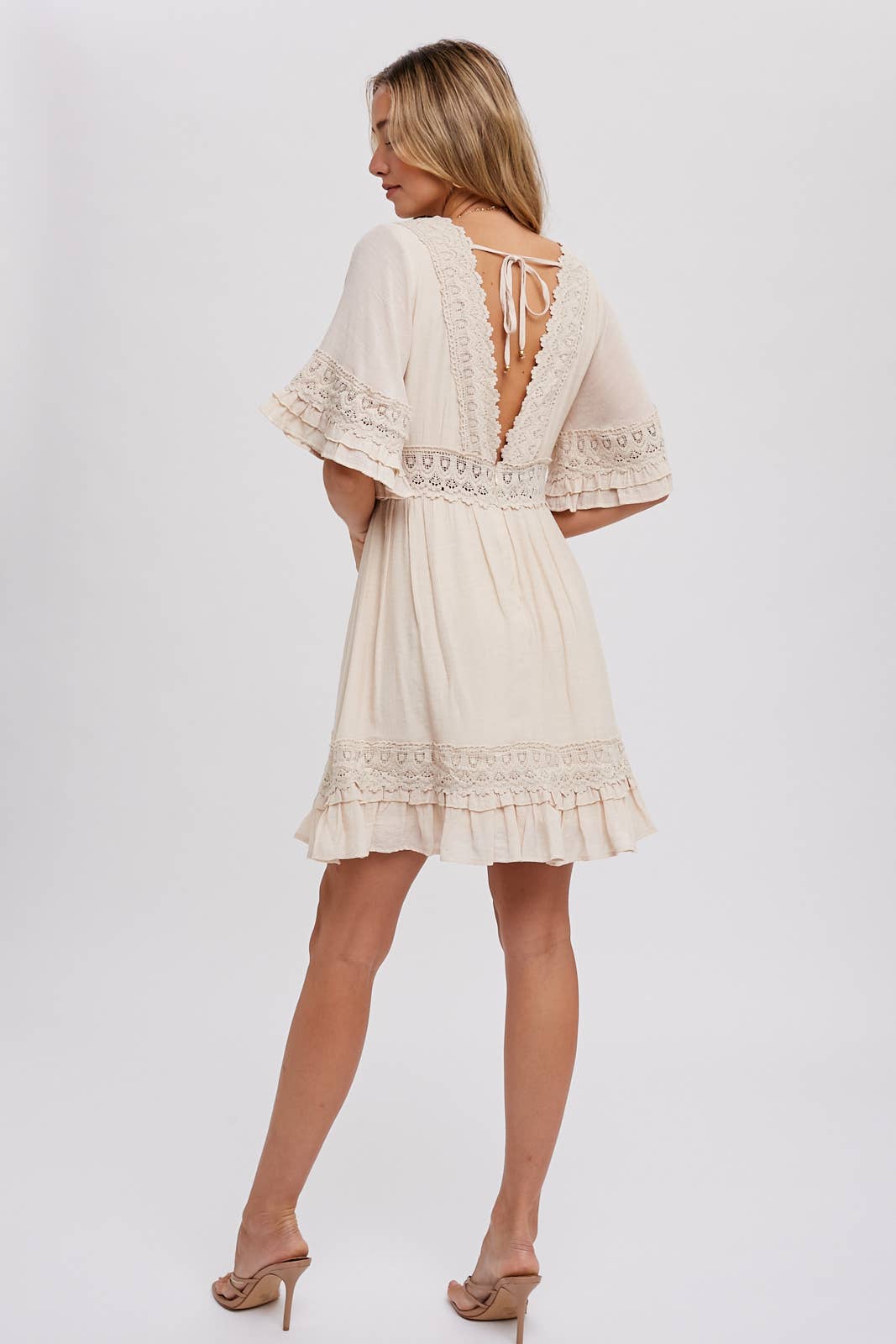 V-NECK LACE DRESS - Open Back with Tie Detail