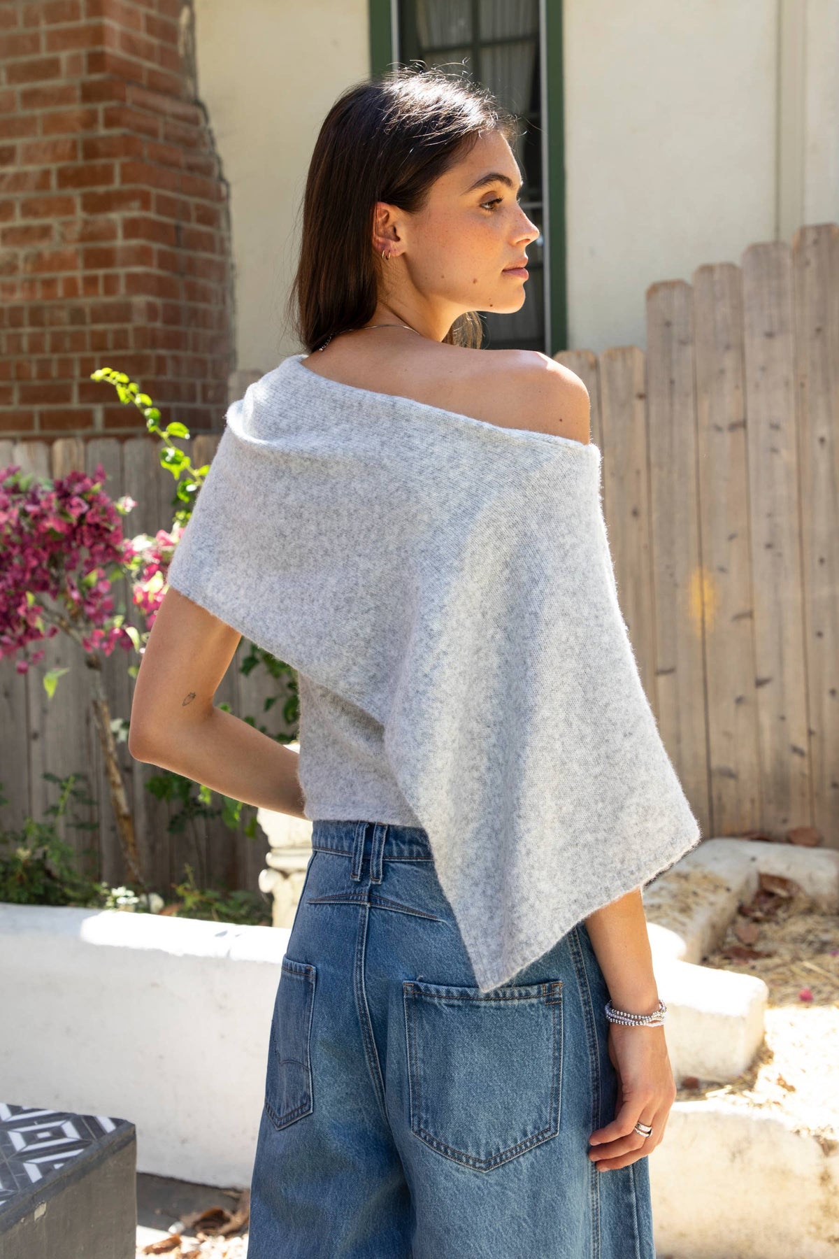 AINSLEY Off Shoulder Asymmetric Knit Poncho Sweater