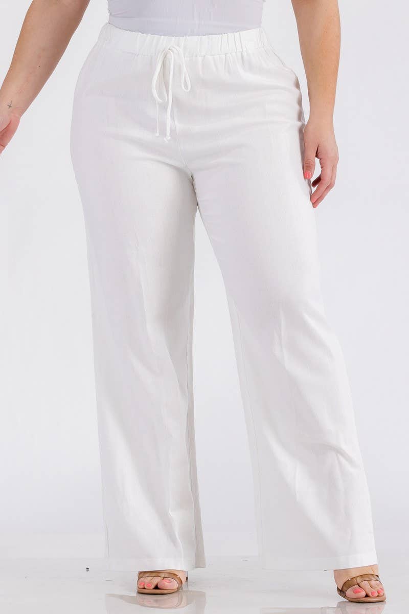 PLUS SIZE LINEN ELASTIC WAIST WIDE LEG PANTS: Black / 1X
