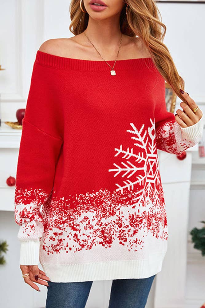 Red Off Shoulder Christmas Pattern Sweater SF102