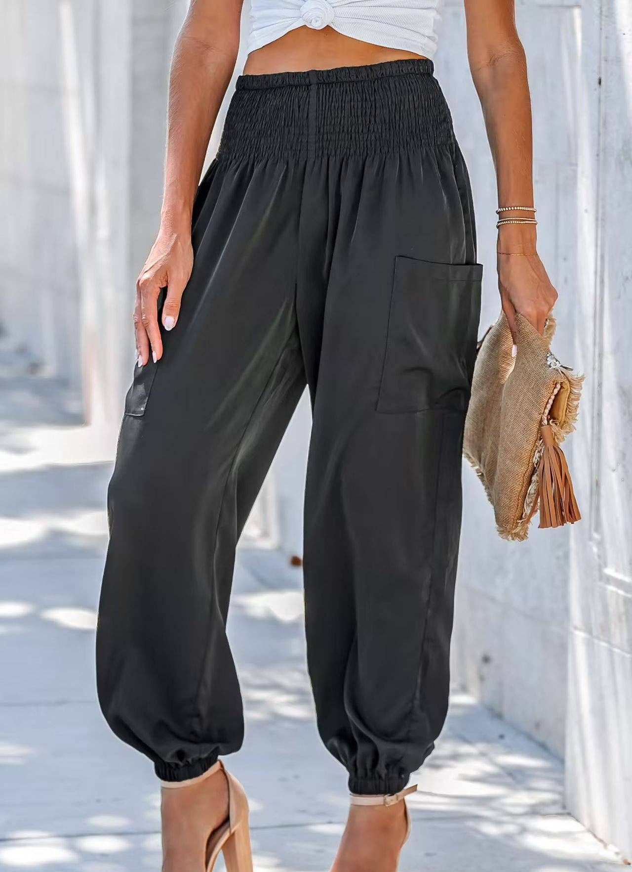 Sweetkama Ladies Solid High Waist Loose Style Pants: Khaki / M