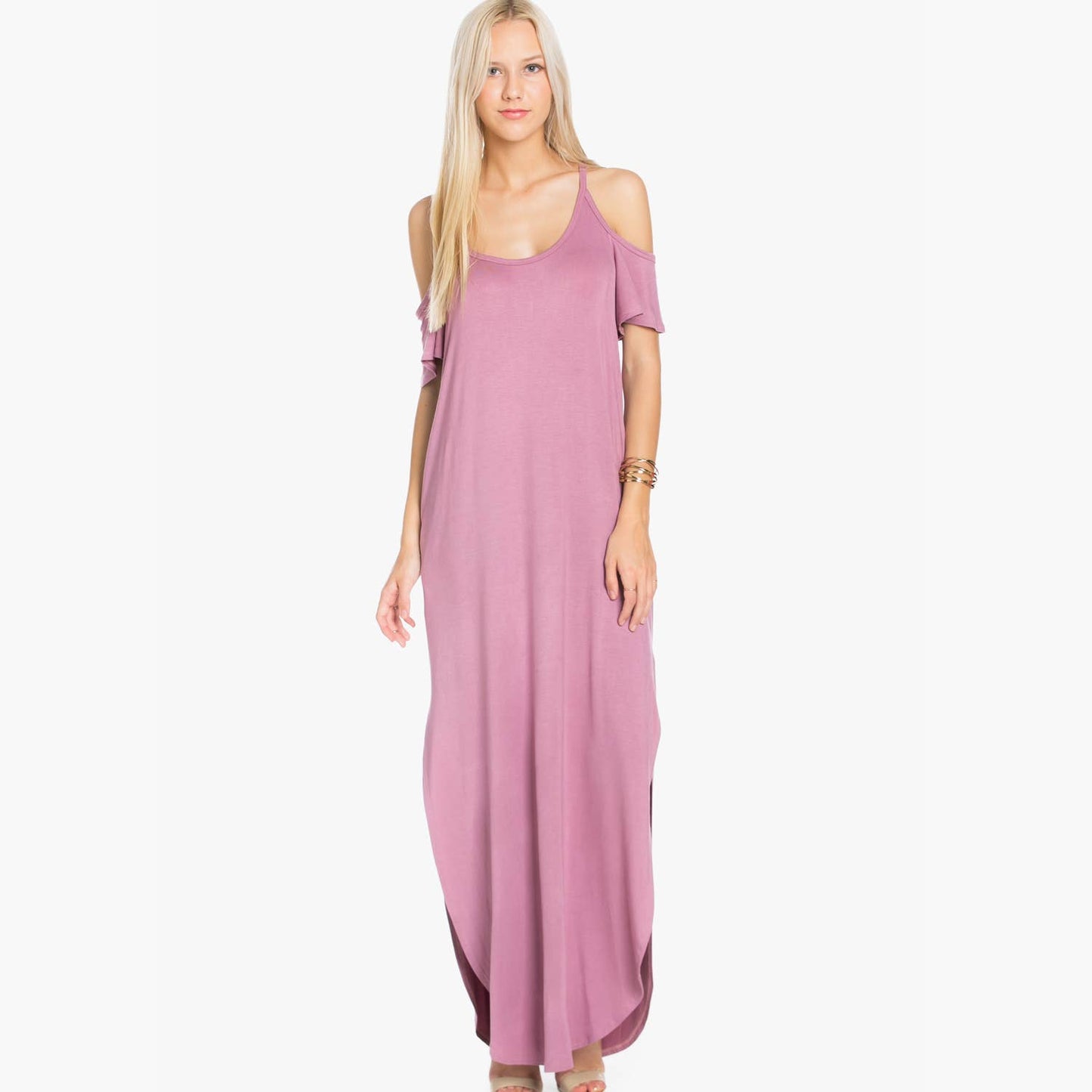 SD5050 Ruffled Cold-shoulder Maxi Dress: M / Black