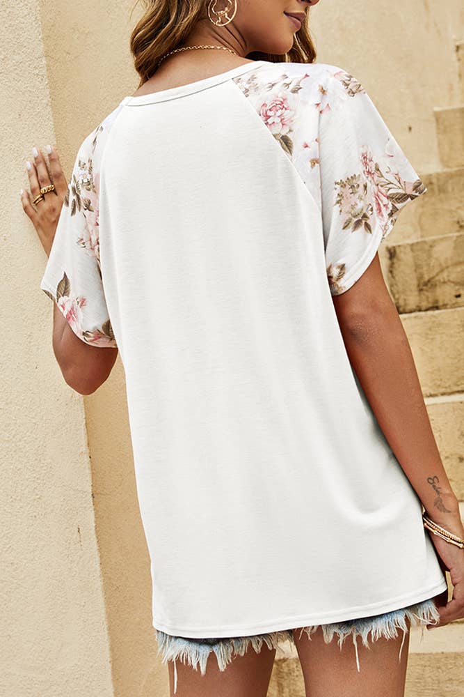 Floral Sleeves Lace Splicing Short Sleeves Top NX030: Black / 2XL