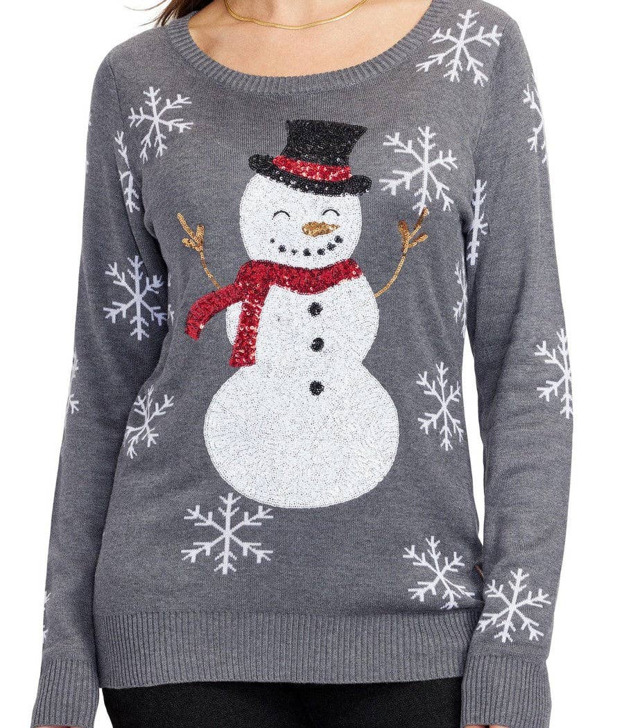 Sequin Snowman Sweater - Women's Festive Christmas Sweater