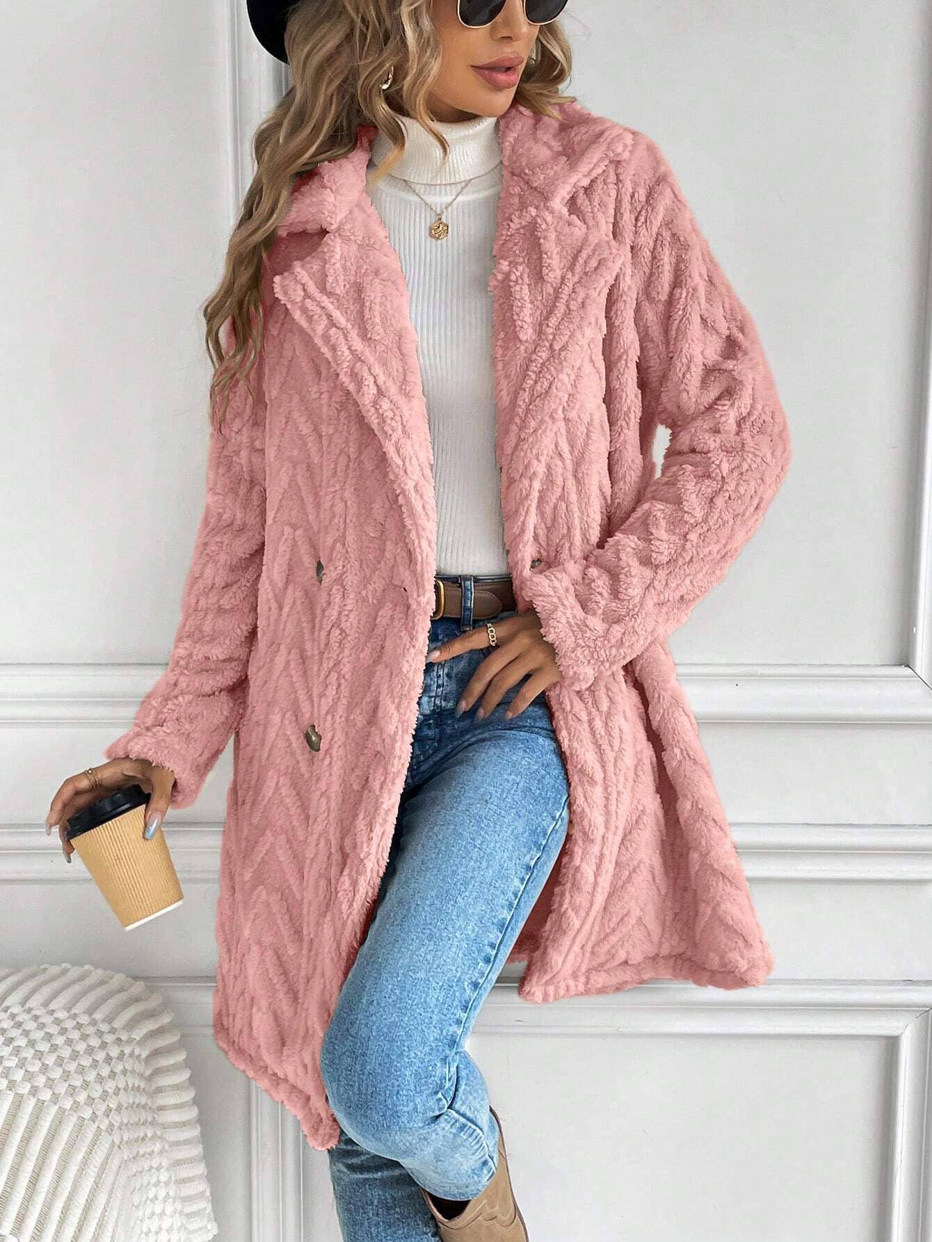 Houndstooth Pattern Fleece Coat