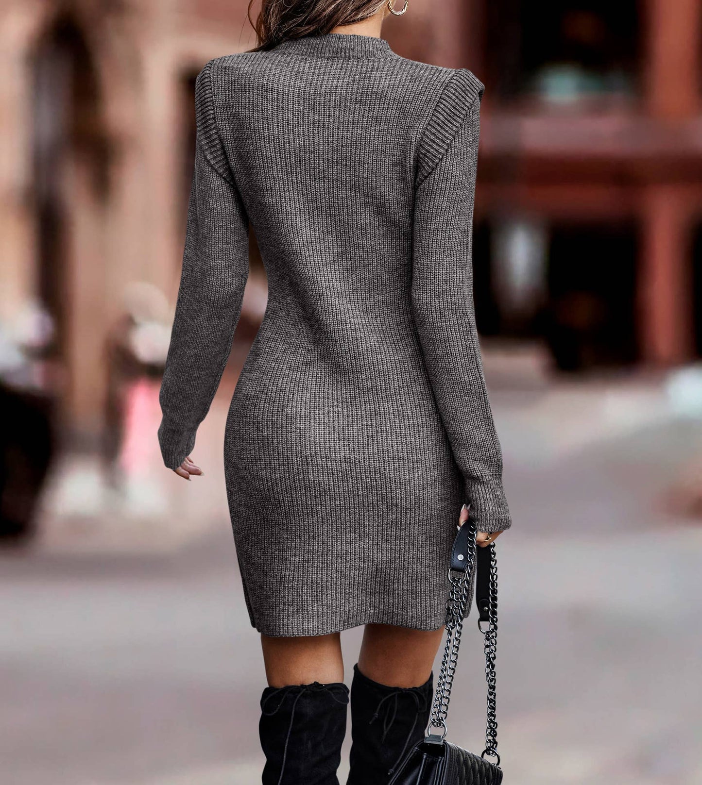 SZ1-DR6071 Ribbed Knit Long Sleeve Sweater Dress