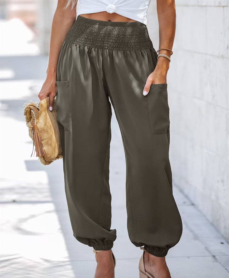 Sweetkama Ladies Solid High Waist Loose Style Pants: Khaki / M