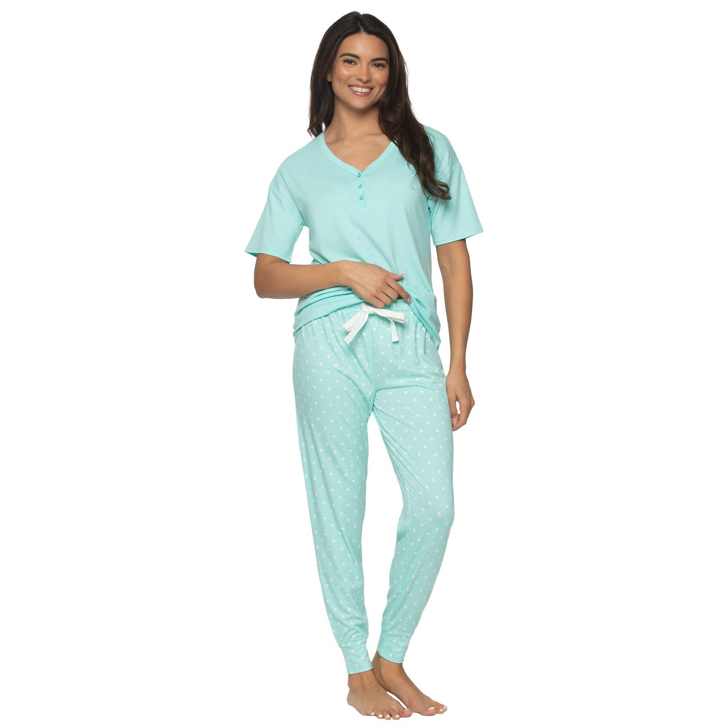 Jessie Stretch Jersey S/S V-neck Henley & Jogger Set - IWD: Island Paradise White Dots (IWD) / L