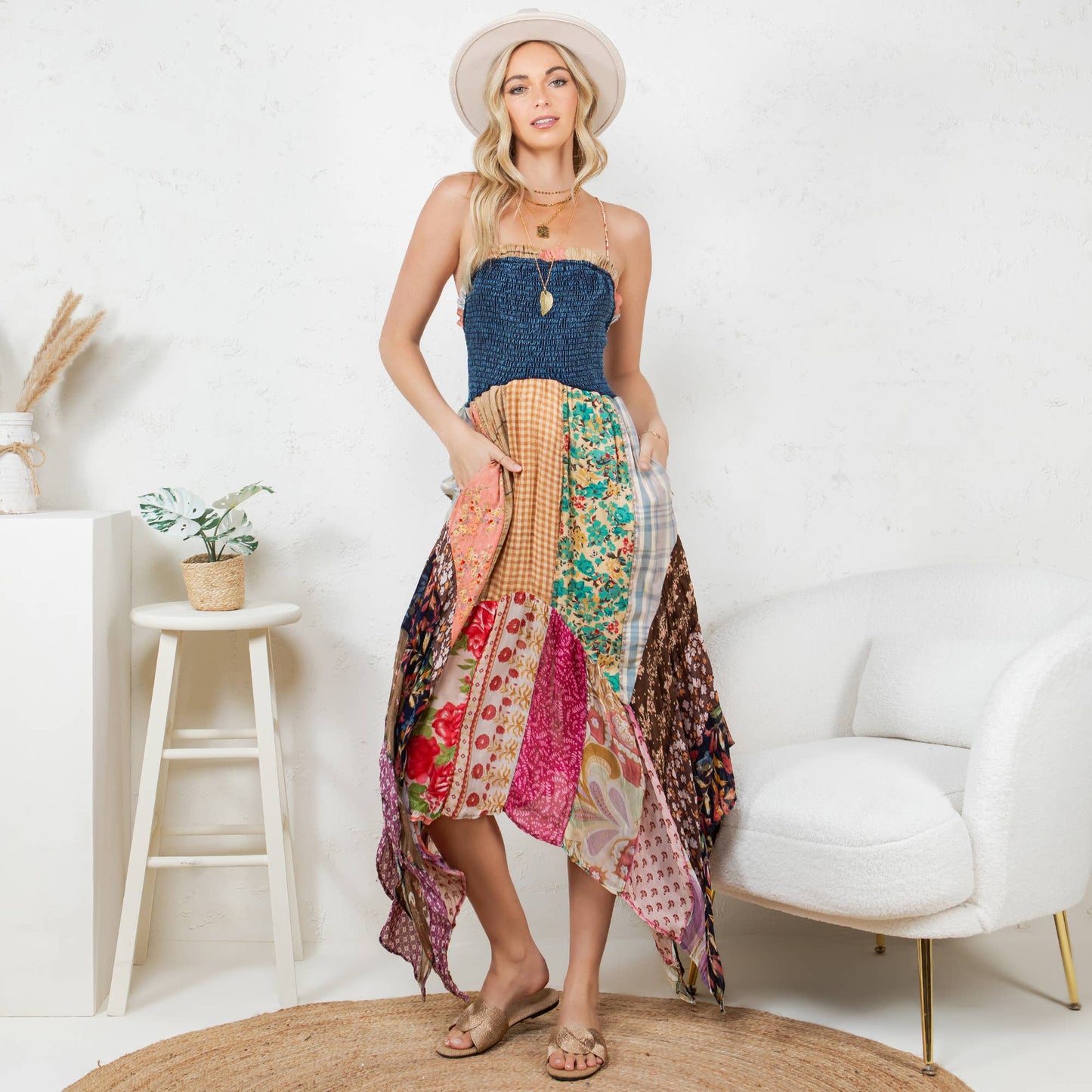 Preorder: Handkerchief Hem Mid-Length Dress with Patches NEW