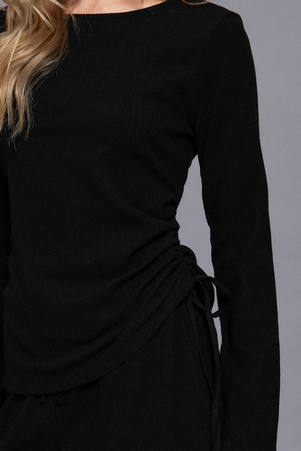 Long Sleeve Round Neck Side Ruched Two Tone Texture Knit Top
