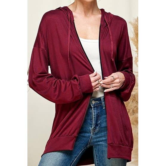 T7463 ZIP FRONT HOOD KNIT JACKET: Navy / 1X