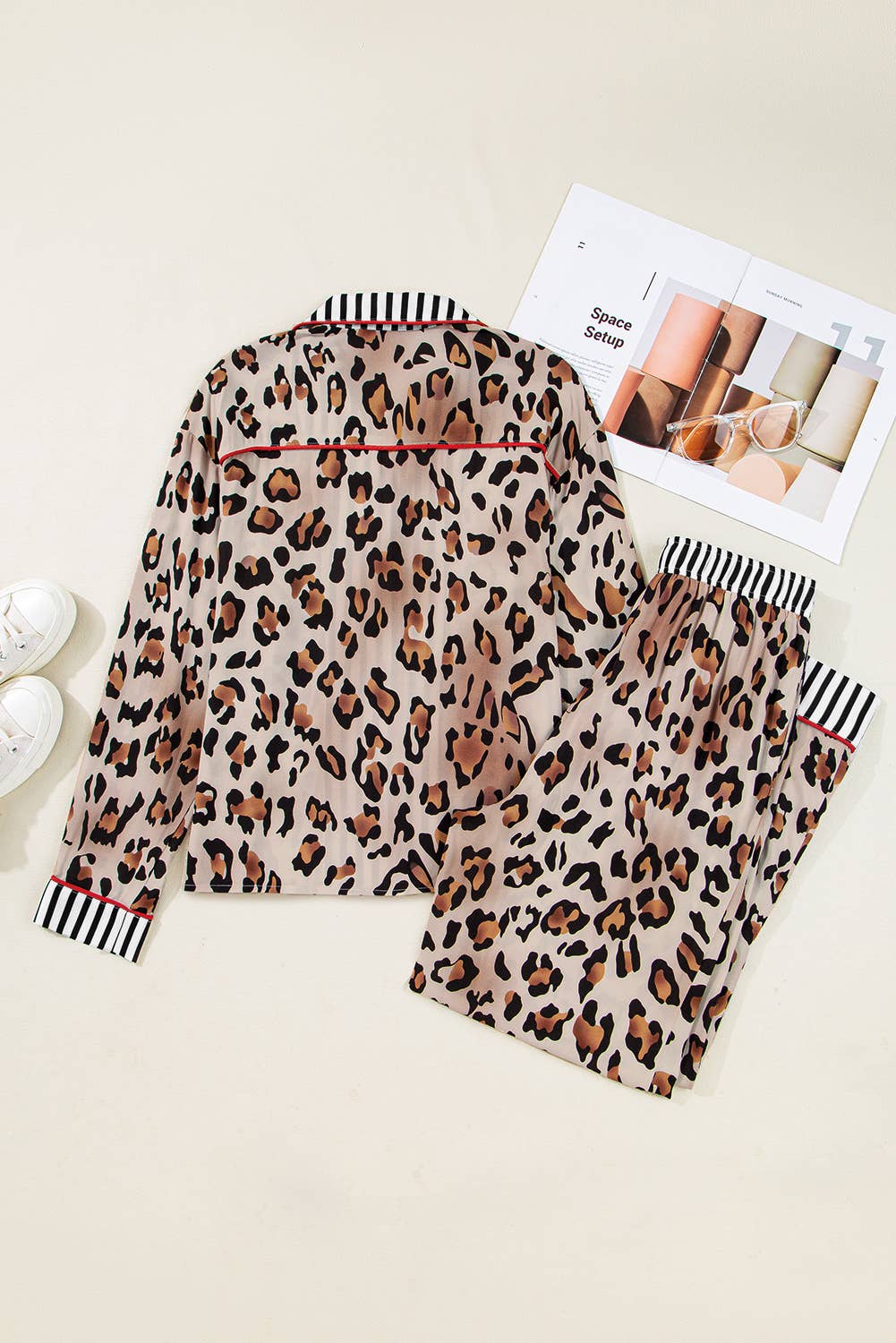 Leopard Print Striped Edge Shirt and Pants Pajama Set