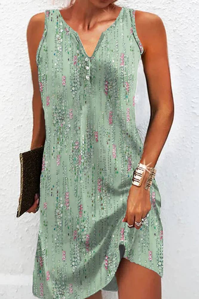 Printed V Neck Button Sleeveless Dress CK09: 07 / XL