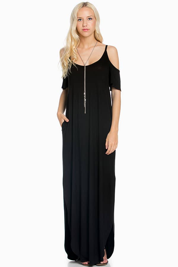 SD5050 Ruffled Cold-shoulder Maxi Dress: XL / Navy