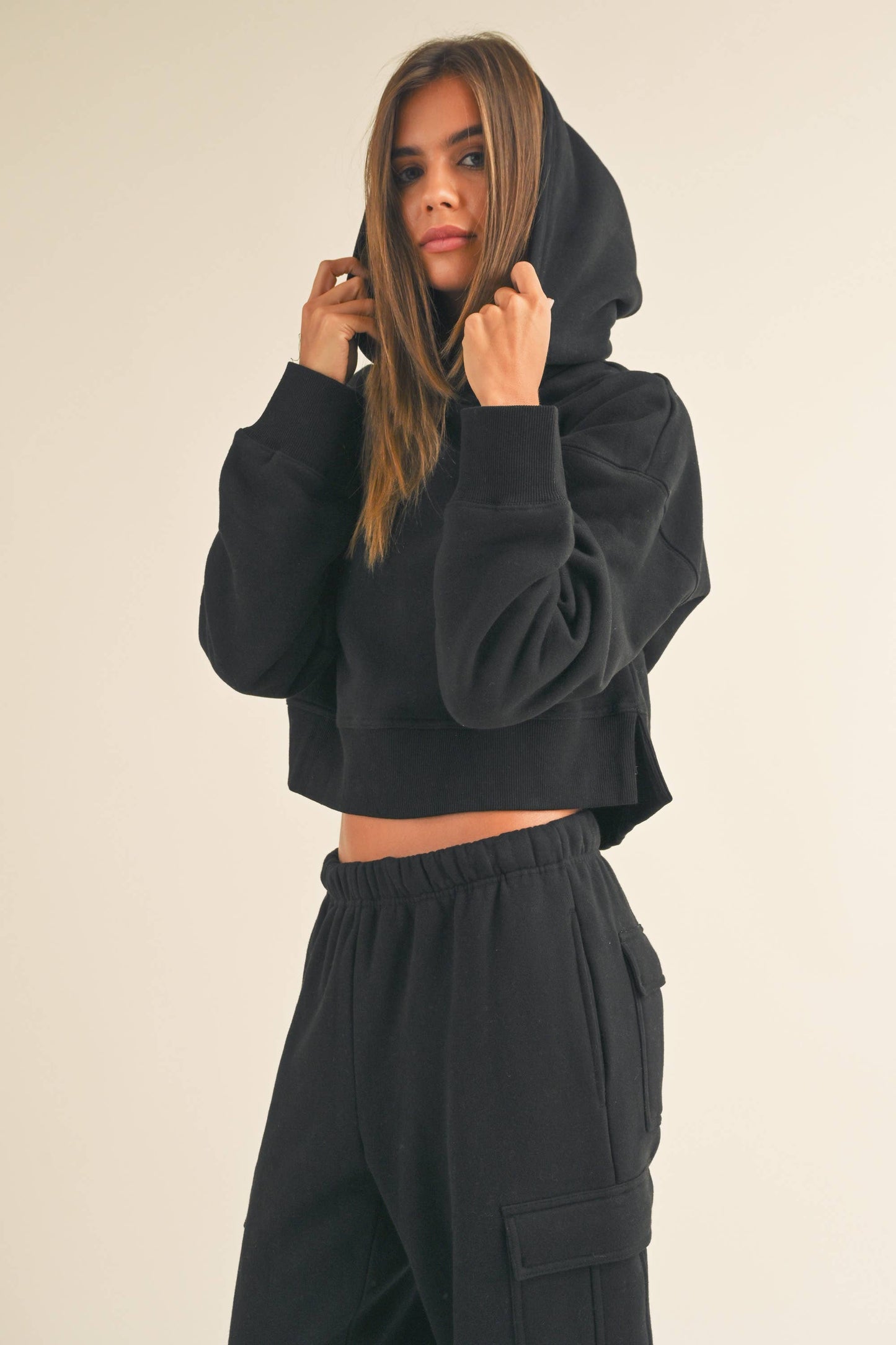 FLEECE SWEATSHIRT WITH HOODIE: BLACK / L T3134ST