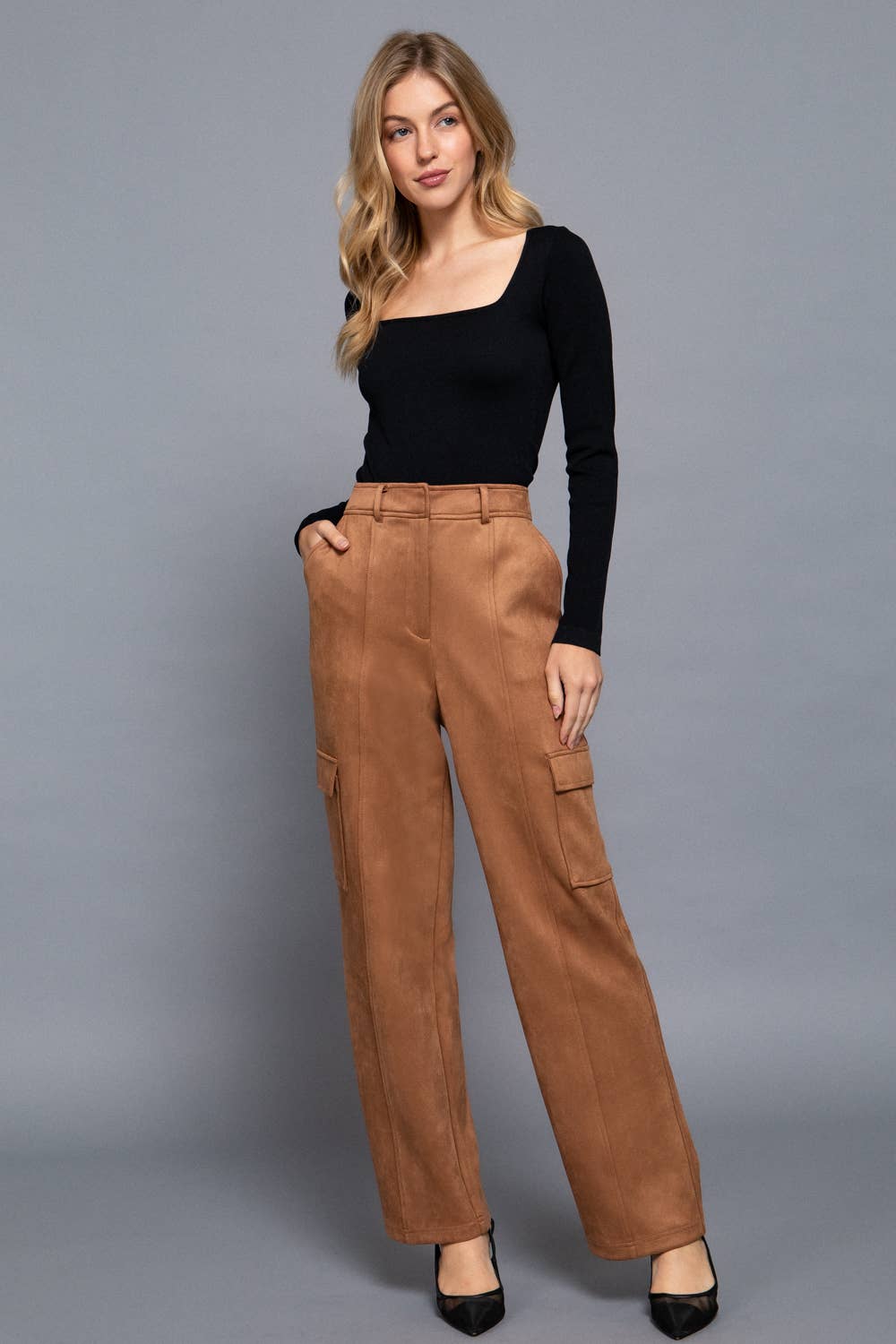 High Waist Straight Line Suede Cargo Pants