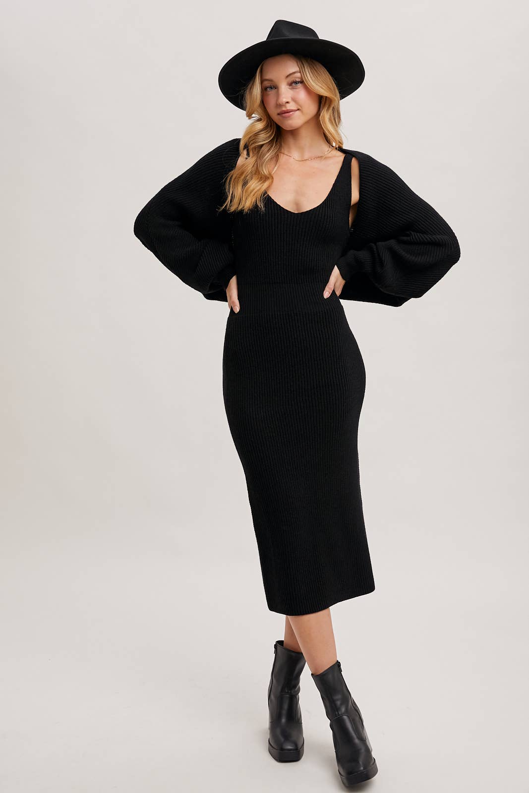 V-NECK KNIT MIDI DRESS AND KNIT SHRUG SET