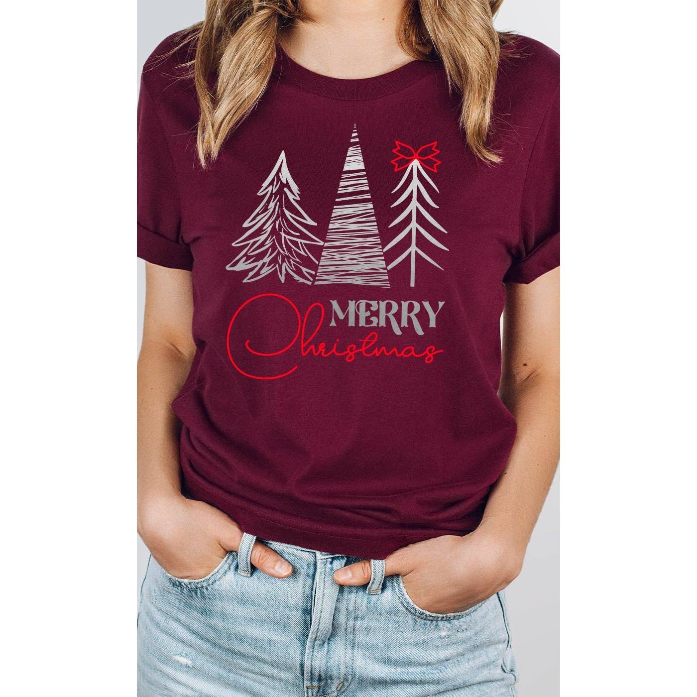 Merry Christmas, Silver Pine Trees, Red Bow, Holiday Tee