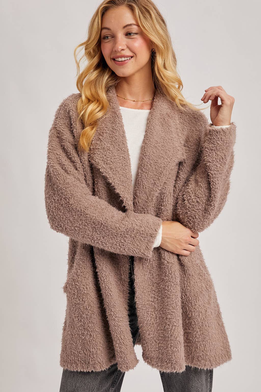 SOFT FUZZY DRAPE FRONT CARDIGAN