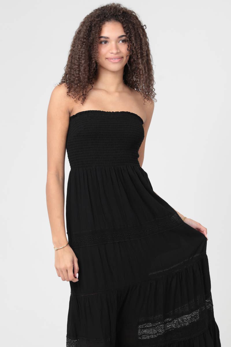 C4D78-ASIS LACE TRIM SMOCKED BUST STRAPLESS MAXI DRESS